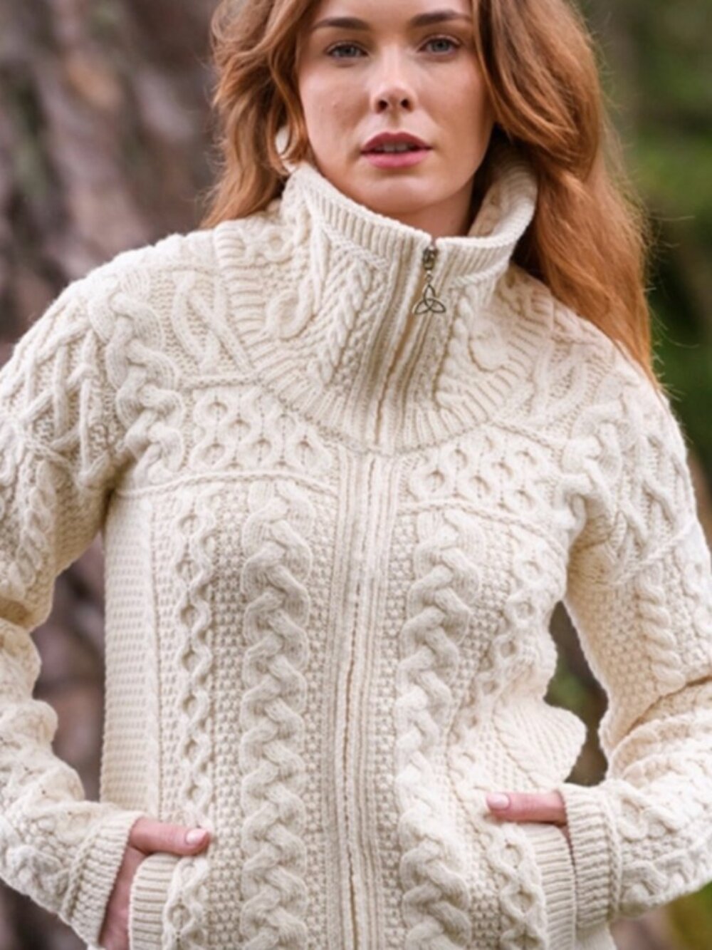 Aran Crafts merino Wool Cable Knit Full Zip Cream Sweater Jacket Large